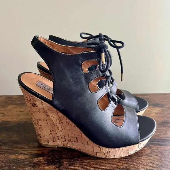 Steve Madden Shoes - Steve Madden| Black Open Toe Faux Leather 4” Cork Wedge Heel Sandals Size US 8